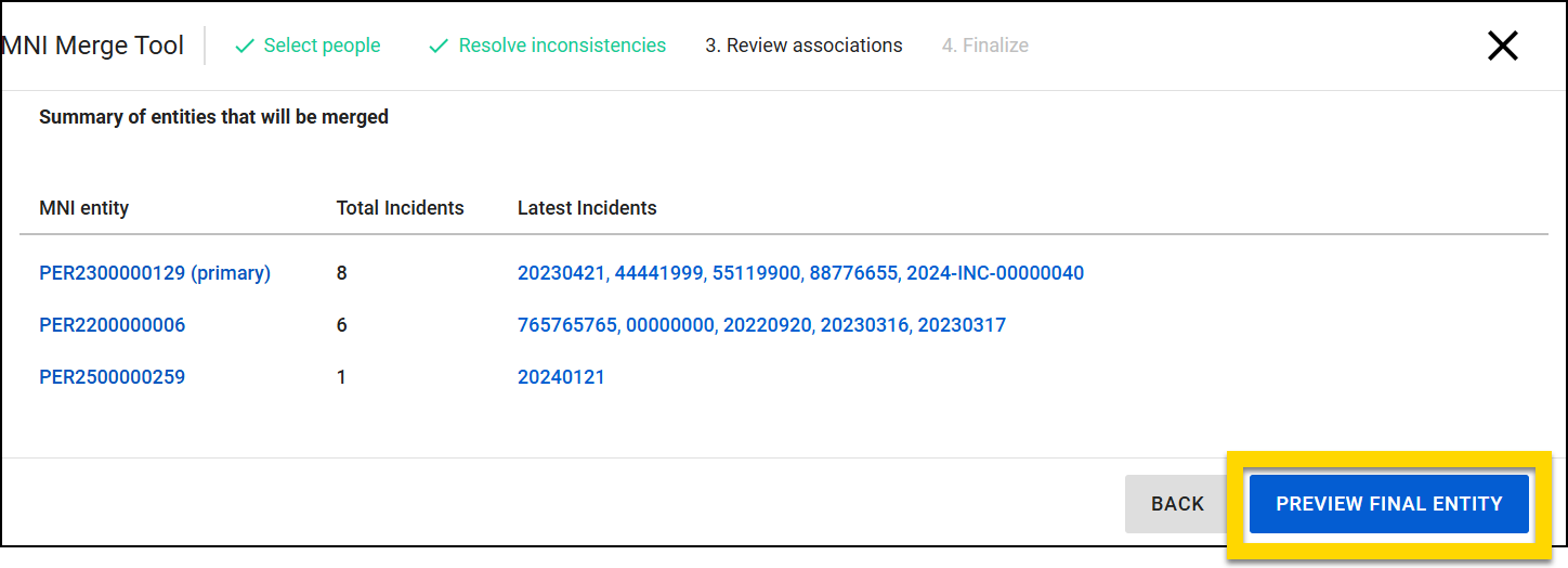 The image shows the MNI Merge Tool interface on the Review Associations step, displaying a summary of entities that will be merged. The table lists MNI entities, the total number of incidents associated with each, and the latest incidents linked to them. The Preview Final Entity button is highlighted in the bottom right, allowing users to review the merged entity before finalizing the process.