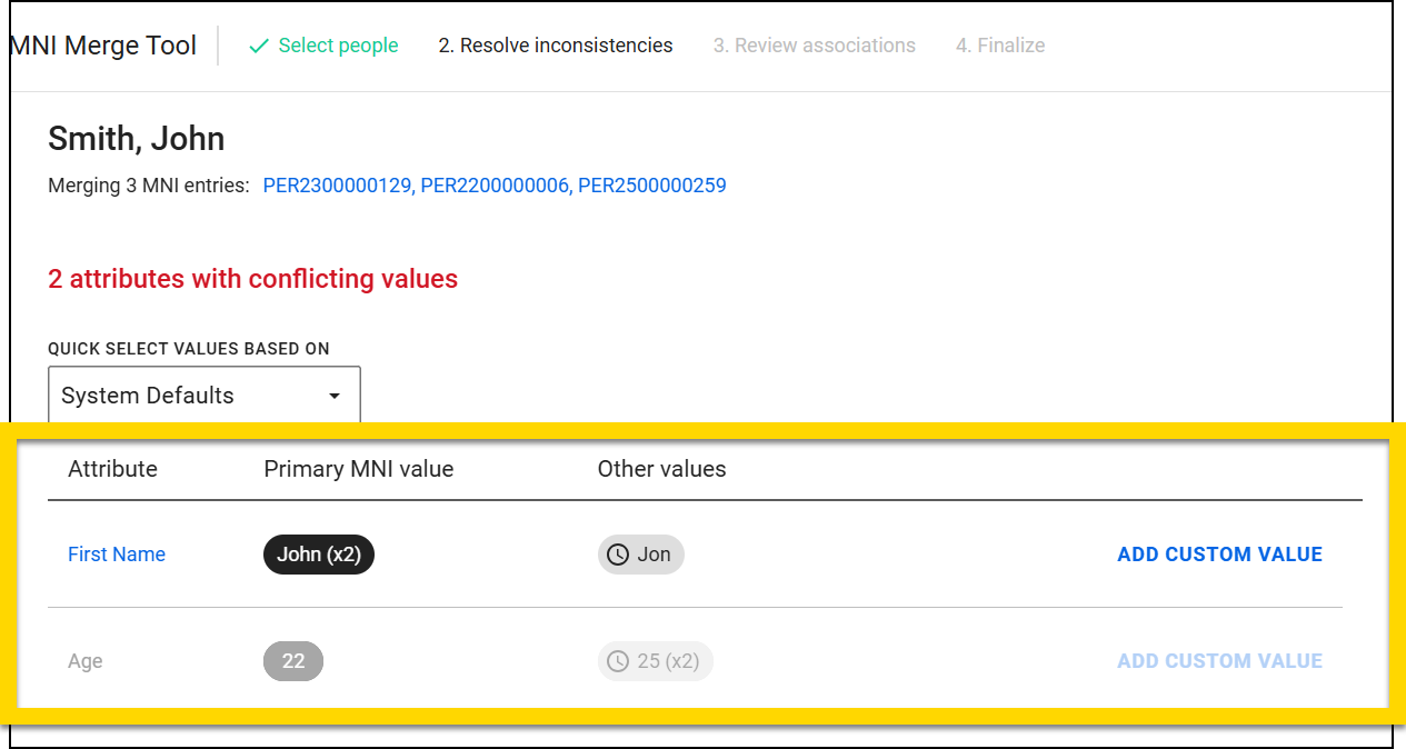 The image shows the MNI Merge Tool interface on the Resolve Inconsistencies step, where two conflicting attributes, first name and age, require resolution. The highlighted section displays the selected primary MNI values, while alternative values are shown in gray. Options to add a custom value are available for both attributes.