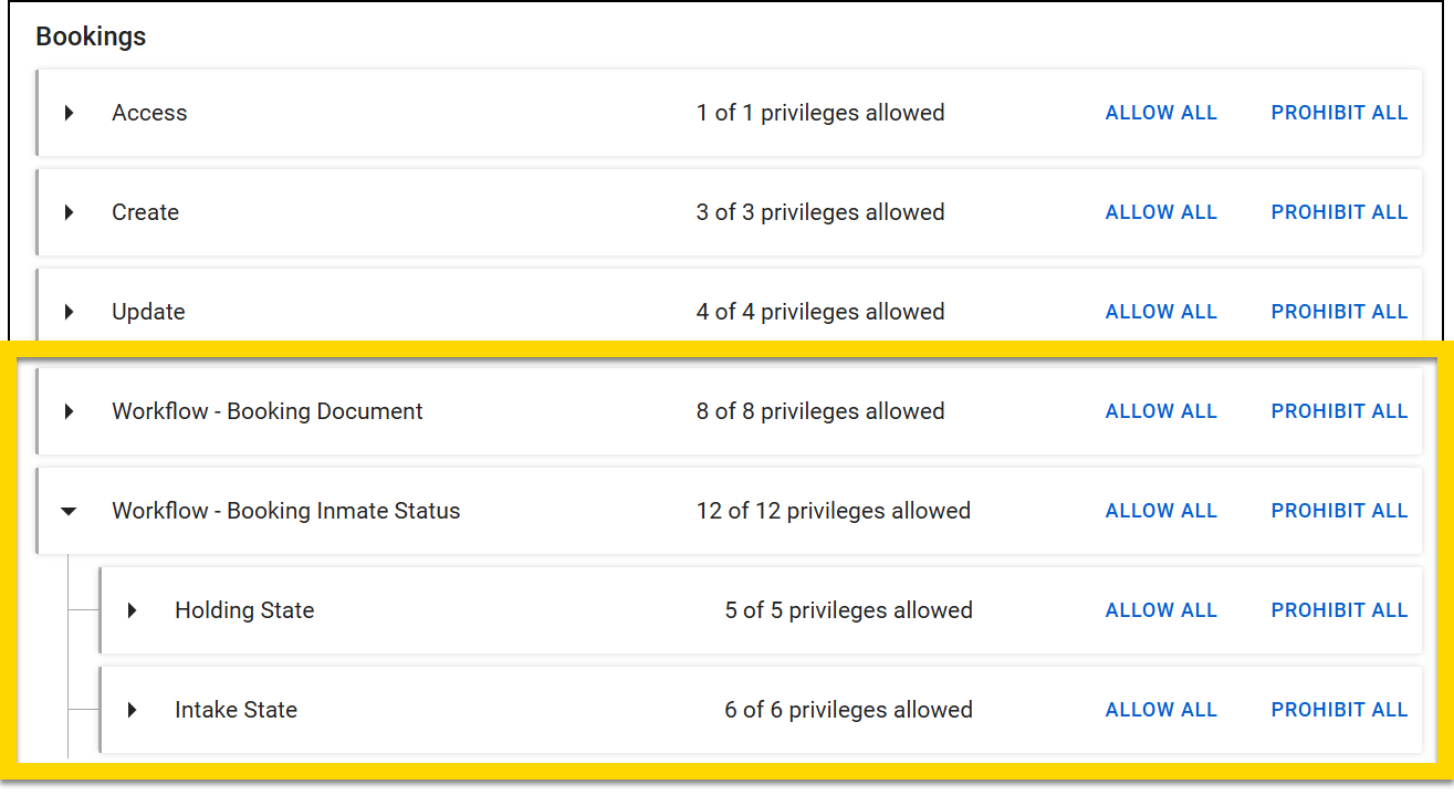 The image displays the Bookings category with privileges grouped into categories such as Create, Edit, and Reassign, each showing the number of privileges allowed alongside options to Allow All or Prohibit All. A highlighted section expands Workflow - Booking Inmate Status, showing subcategories like Holding State, Intake State, and Released State. Each subcategory lists the number of allowed privileges with options to manage them.