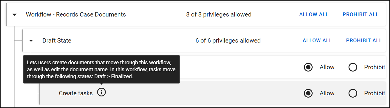 The image displays the Workflow - Records Case Documents subcategory. Under Draft State, a privilege for Create tasks includes a tooltip that explains how tasks move through the workflow.
