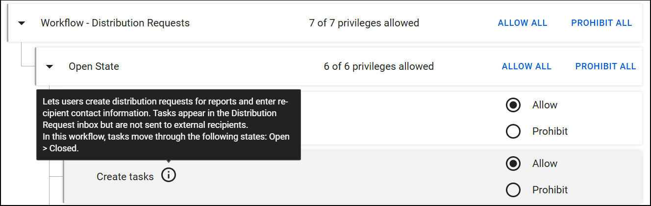 The image displays the Workflow - Collaborative Incident Report Contribution subcategory. Under Draft State, a privilege for Create tasks includes a tooltip that explains how reports move through the workflow.