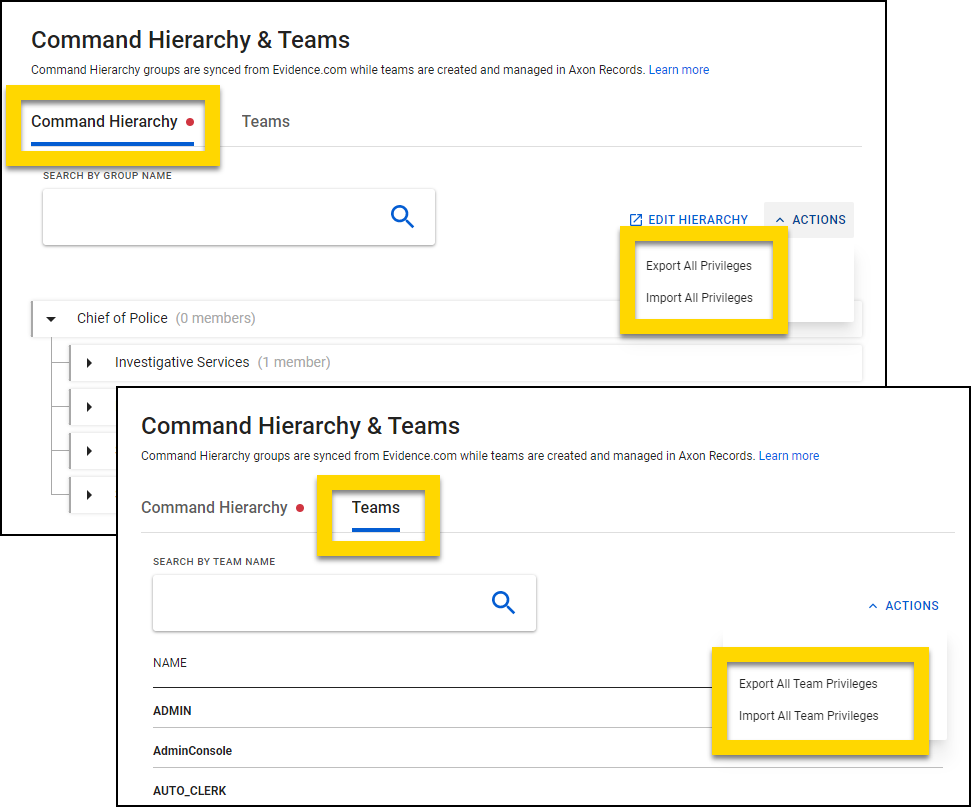 Shows how to export and import privileges from all groups and teams.