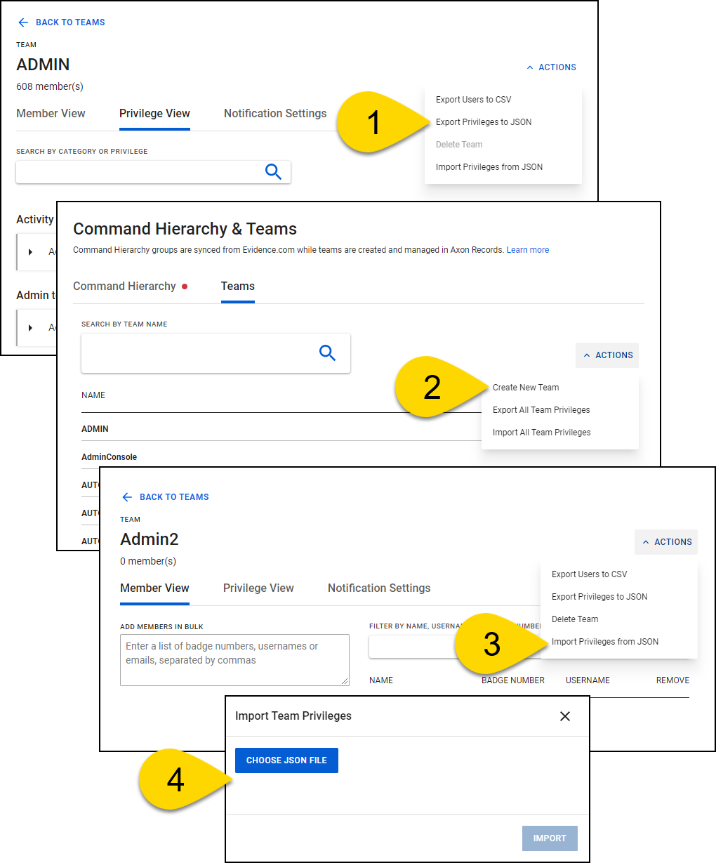 Shows how to export and import privileges from one team or group to another.