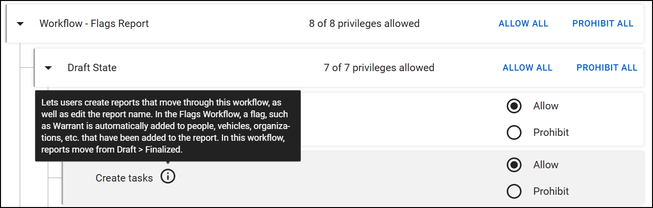 The image displays the Workflow - Flags Report subcategory. Under Draft State, a privilege for Create tasks includes a tooltip that explains how reports move through the workflow.