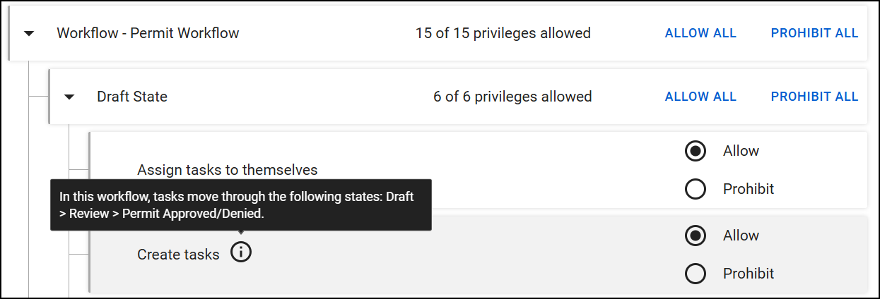 The screenshot shows the Workflow - Permit Workflow section. The Draft State subsection is expanded. Under Draft State, specific privileges include Assign tasks to themselves and Create tasks, each with radio buttons for Allow (selected) or Prohibit. A tooltip next to Assign tasks to themselves explains that tasks move through the following states: Draft > Review > Permit Approved/Denied.