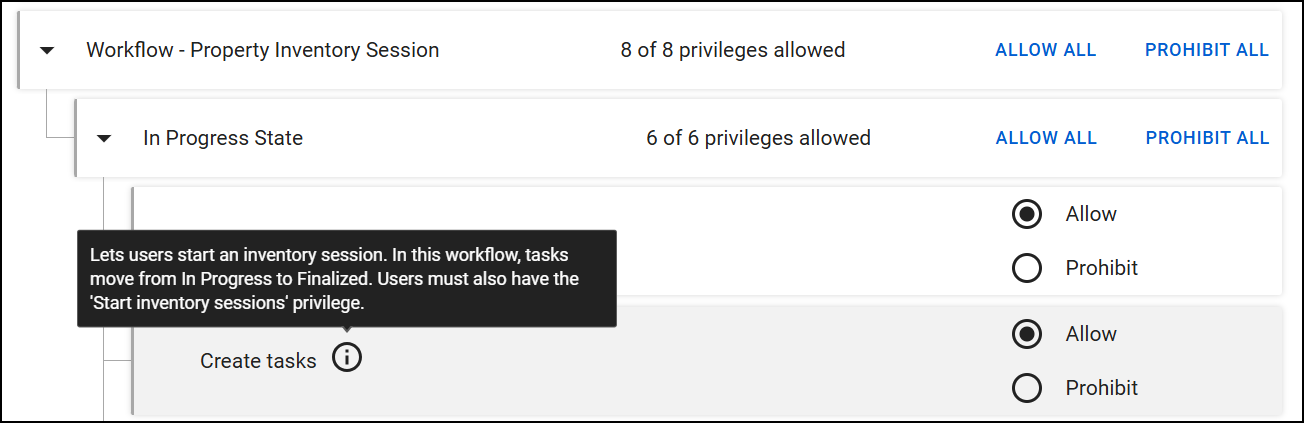The image displays the Workflow - Property Inventory Session subcategory. Under In Progress State, a privilege for Create tasks includes a tooltip that explains how tasks move through the workflow.