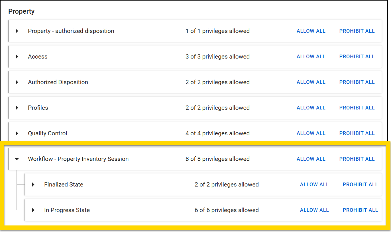 The screenshot shows the Property category with various privileges such as Property - authorized disposition, Access, Authorized Disposition, Profiles, and Quality Control. The Workflow - Property Inventory Session privilege is highlighted in yellow, showing 8 of 8 privileges allowed. Within this, subcategories include Finalized State with 2 of 2 privileges allowed and In Progress State with 6 of 6 privileges allowed, each with their own Allow All and Prohibit All options.