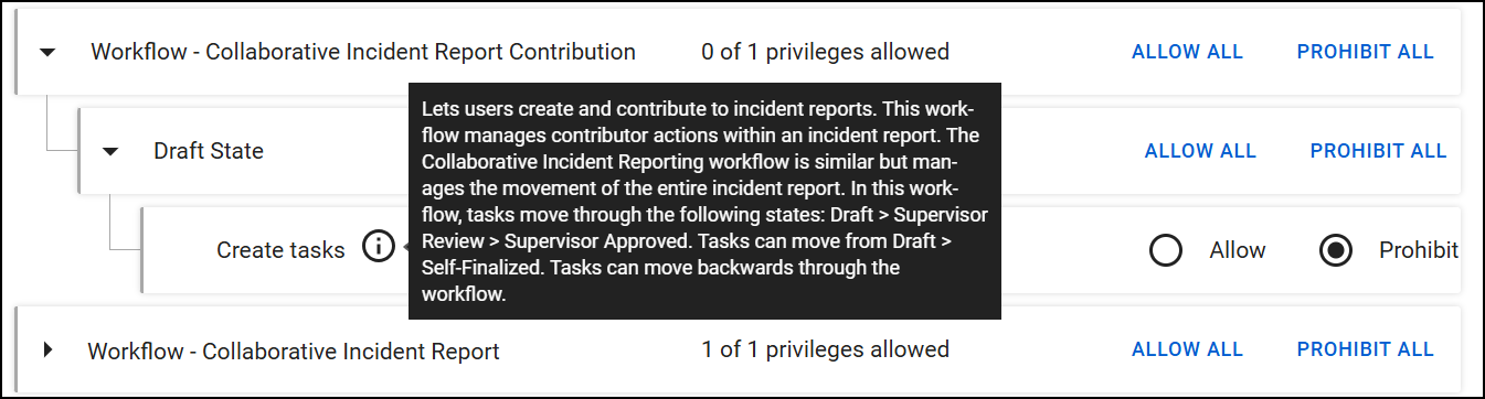 The image displays the Workflow - Collaborative Incident Report Contribution subcategory. Under Draft State, a privilege for Create tasks includes a tooltip that explains how reports move through the workflow.