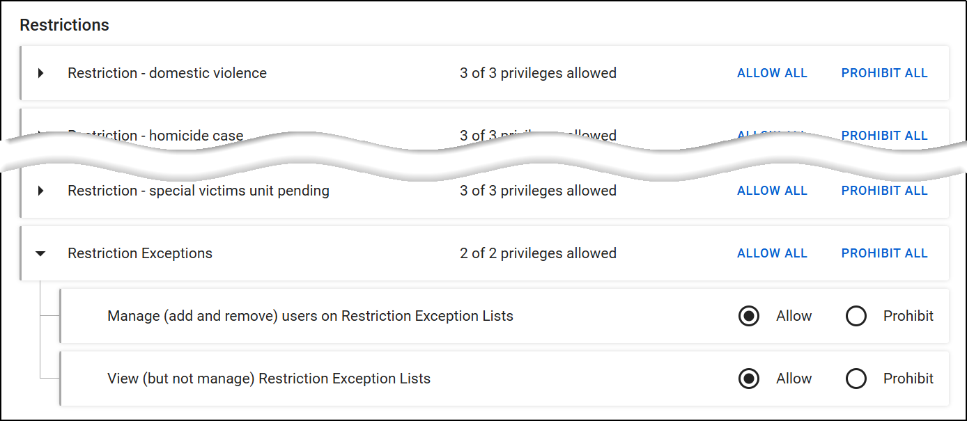 The screenshot displays the Restrictions section with categories such as Restriction - domestic violence, Restriction - homicide case, and Restriction - special victims unit pending. The Restriction Exceptions subcategory is expanded, showing 2 of 2 privileges allowed. Within it, individual privileges include Manage (add and remove) users on Restriction Exception Lists and View (but not manage) Restriction Exception Lists, each with radio buttons for Allow (selected) or Prohibit.