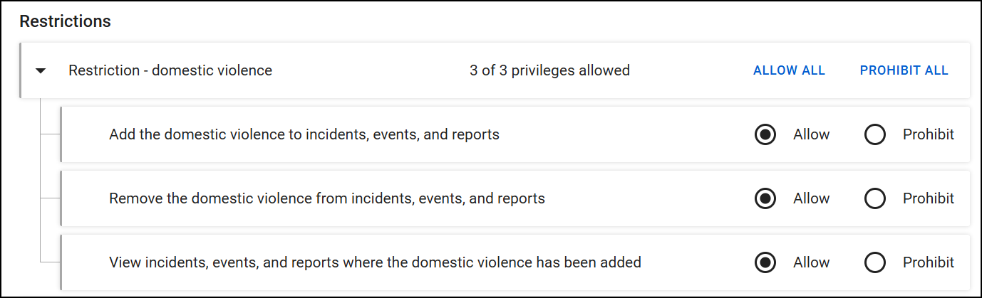 The screenshot shows the Restrictions privilege category. One subcategory is expanded, showing three individual privileges.