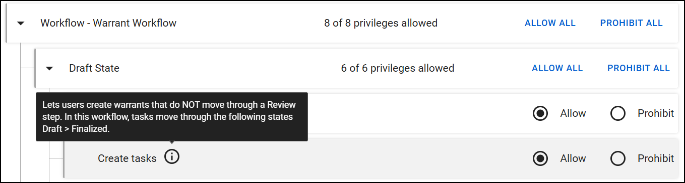 The image displays the Workflow - Warrant Workflow subcategory. Under Draft State, a privilege for Create tasks includes a tooltip that explains how reports move through the workflow.