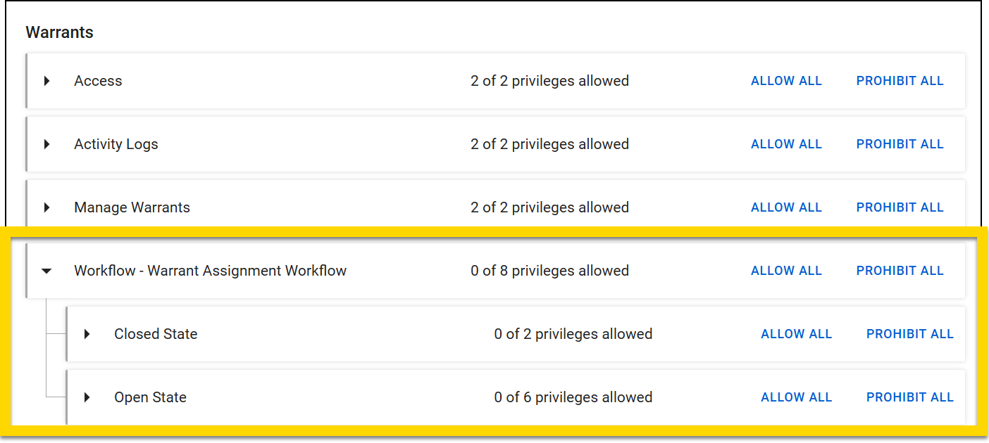 The image displays the Warrants category with privileges grouped into categories such as Access, Activity Logs, and Manage Warrants, each showing the number of privileges allowed alongside options to Allow All or Prohibit All. A highlighted section expands Workflow - Warrant Assignment Workflow, showing subcategories like Closed State and Open State. Each subcategory lists the number of allowed privileges with options to manage them.