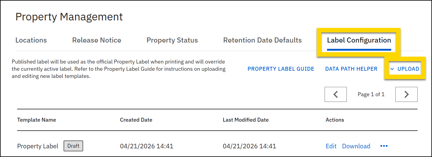 The image shows a Property Management page with the Label configuration tab highlighted in the top right and an Upload button highlighted beside navigation links above a table listing a property label template with edit and download actions.