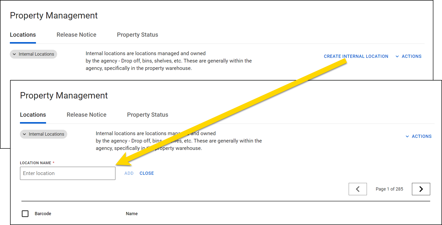 Shows how to add a single storage location.