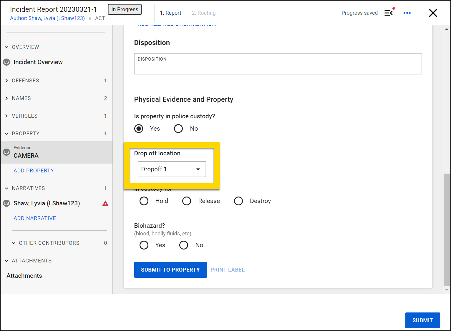 Shows where Drop off locations appear in Report Writer.