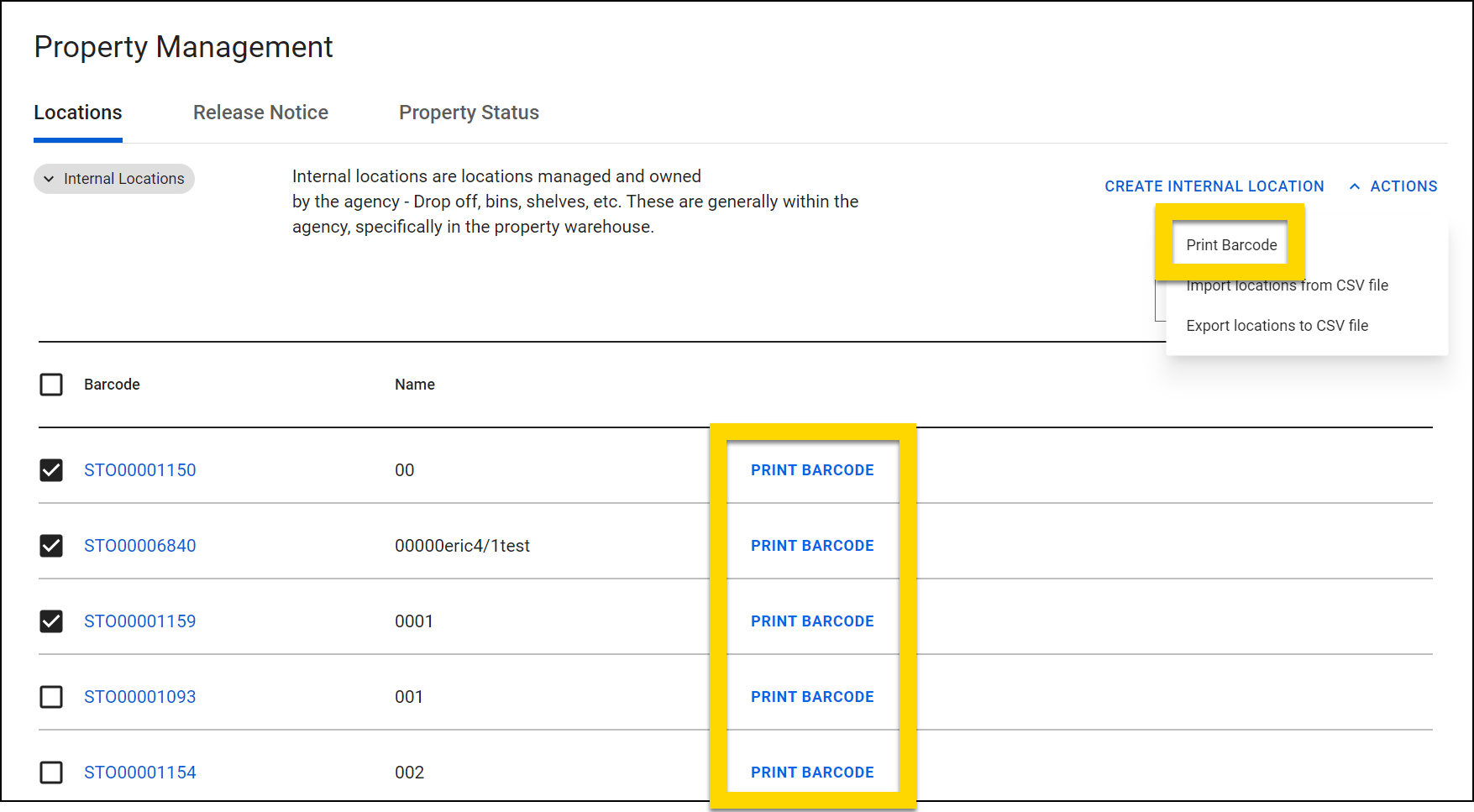 Shows how to print barcodes for internal storage locations.