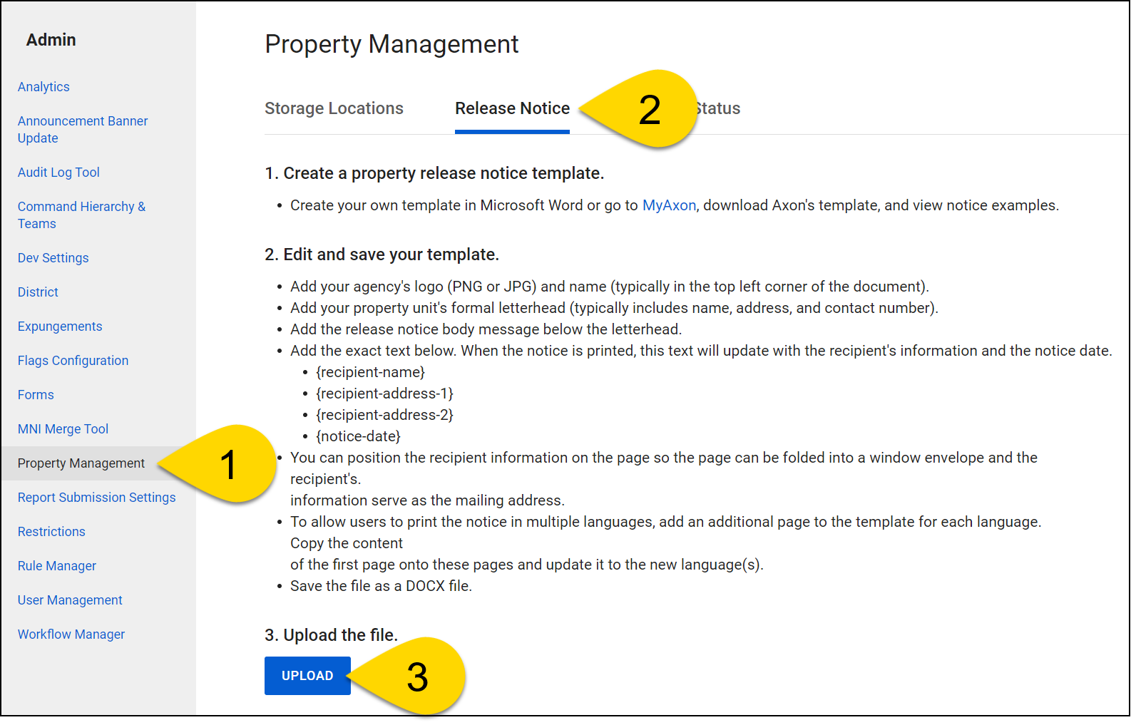 Shows where to upload the release notice template in the Property Management tool.