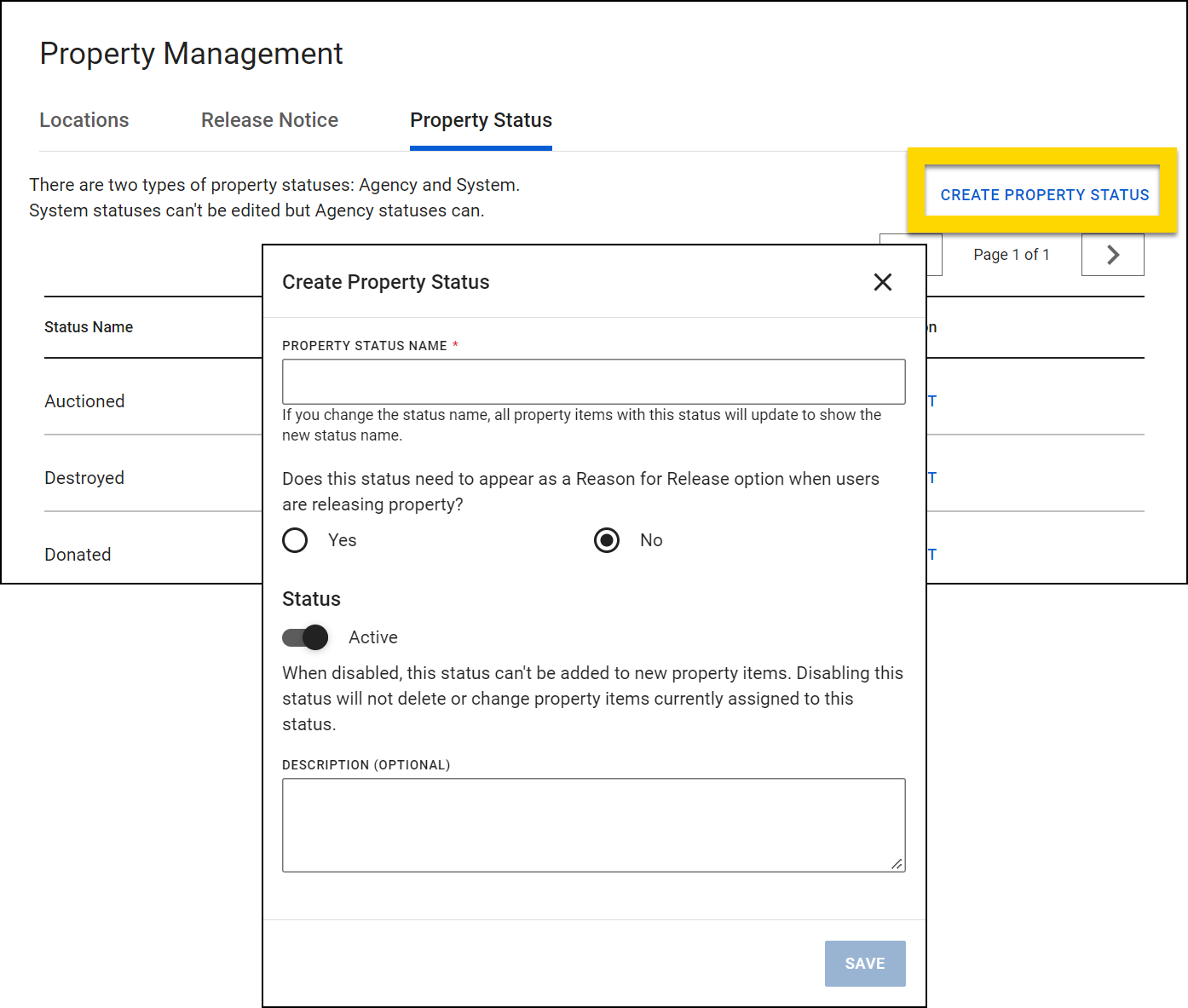 Shows how to create a new property status.