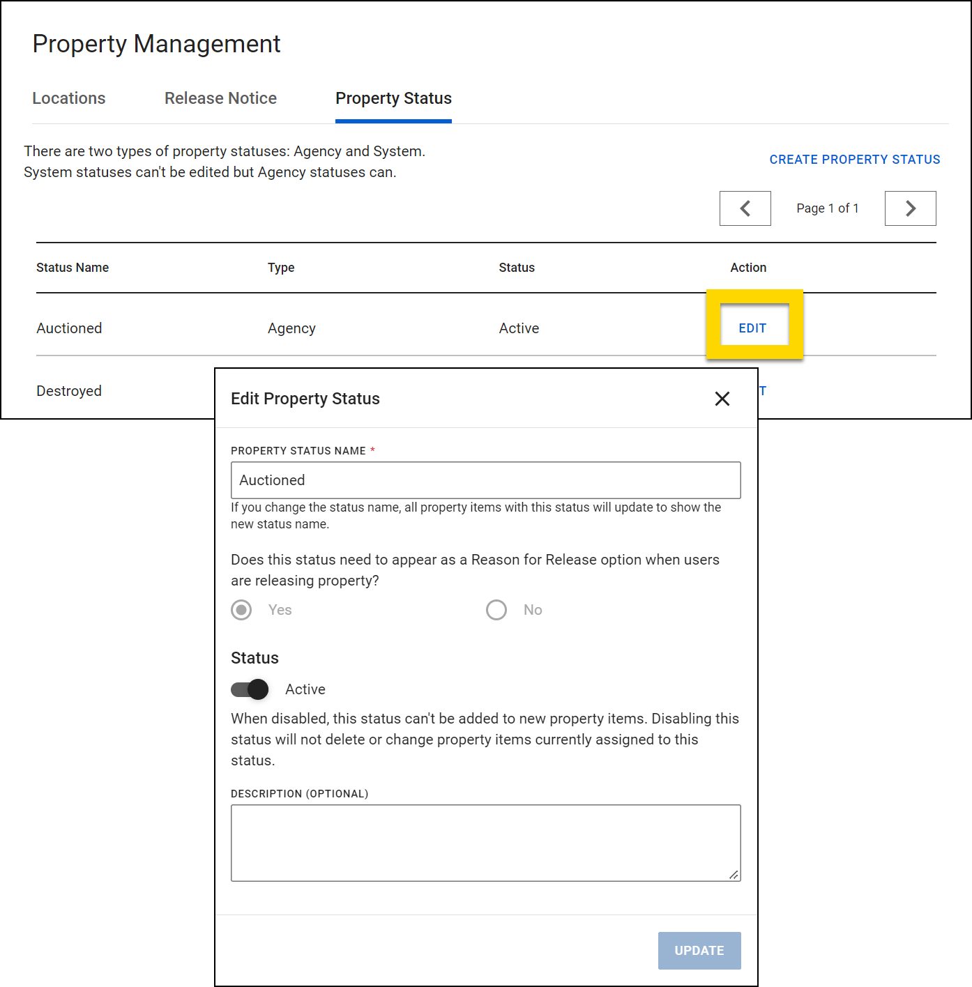 Shows how to edit an existing Agency status.