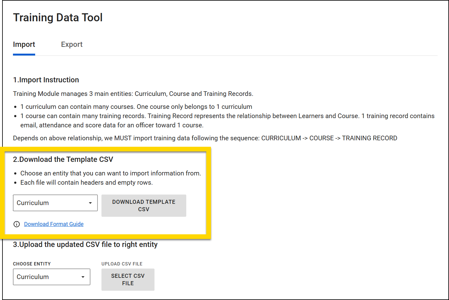 The image shows the Training Data Tool with the Import tab selected. A yellow highlight emphasizes the section for downloading the template CSV file, where users can choose an entity and click the Download Template CSV button.