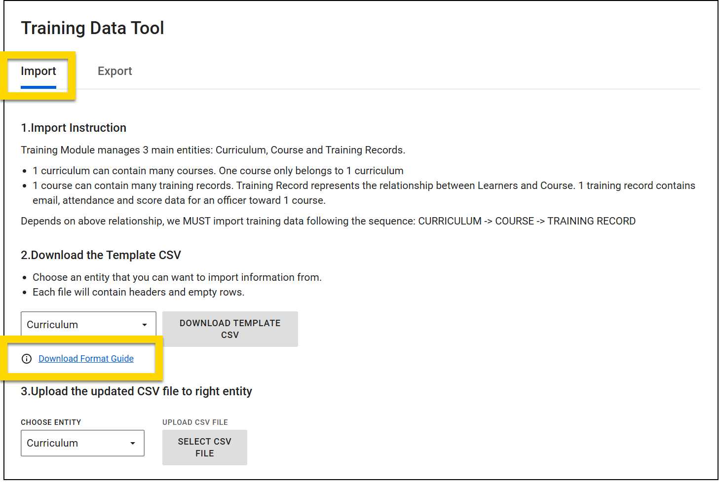 The image shows the Training Data Tool with the Import tab selected. A yellow highlight emphasizes the Download Format Guide link under the section for downloading the template CSV file.