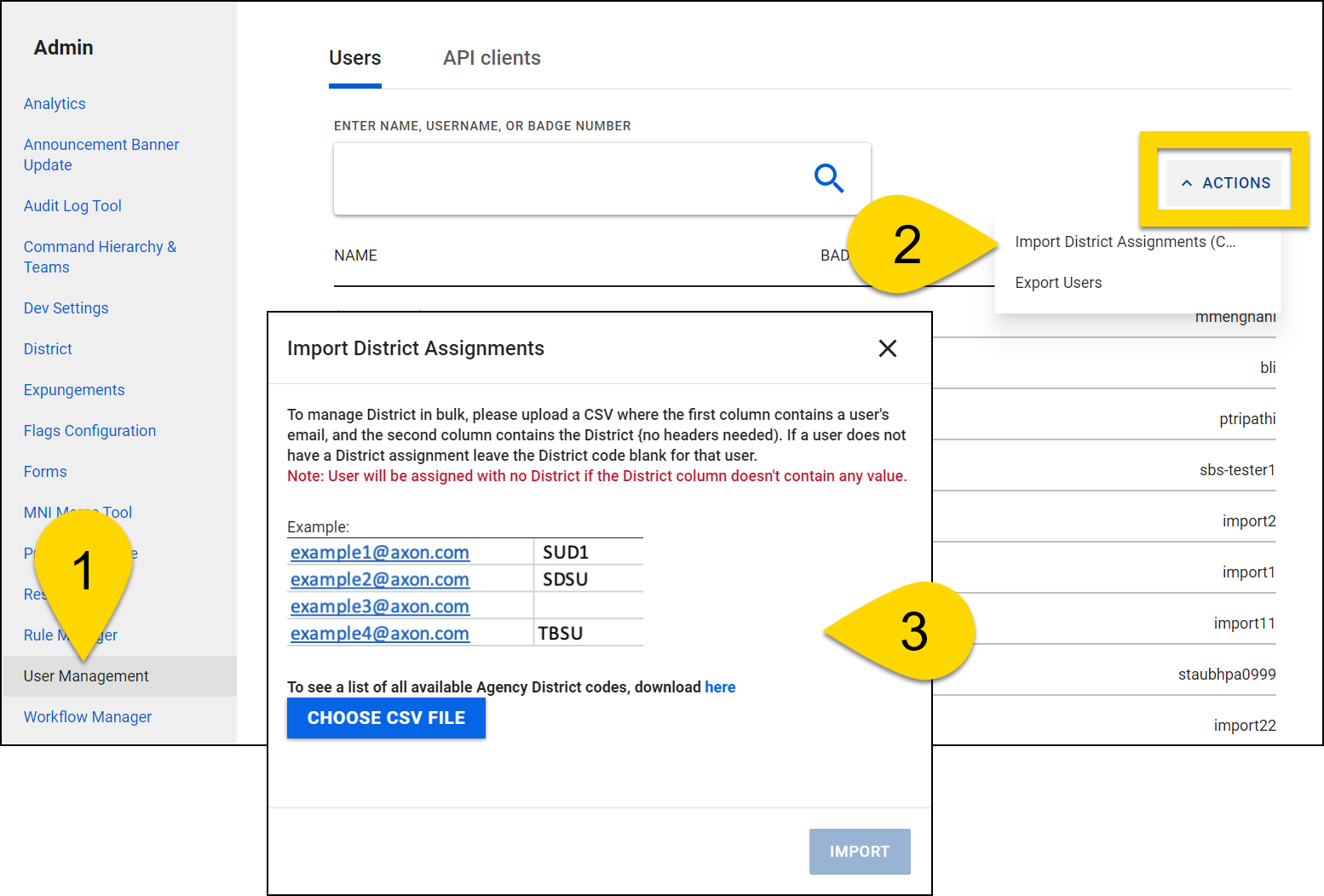 Shows how to bulk-assign users to districts.