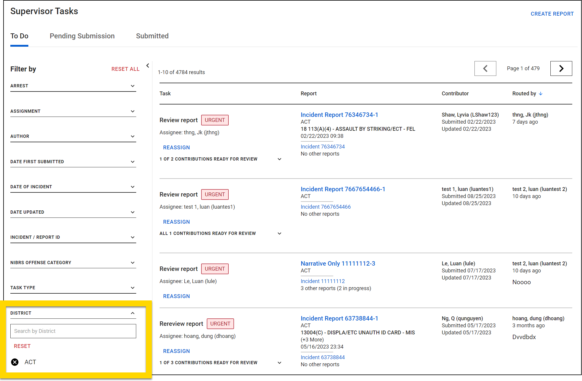 Shows the District filter in the Supervisor Tasks inbox.