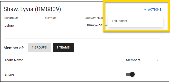 Shows how to edit which district a user is assigned to