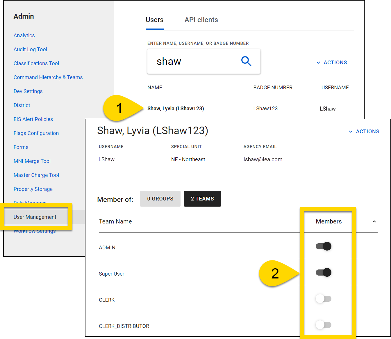 Shows how to add users to a team.