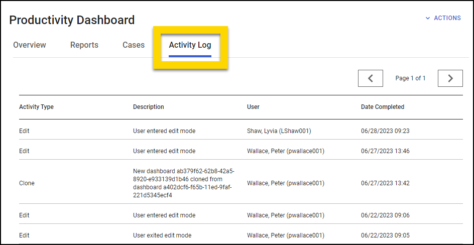 Shows how to view a dashboard's Activity Log.