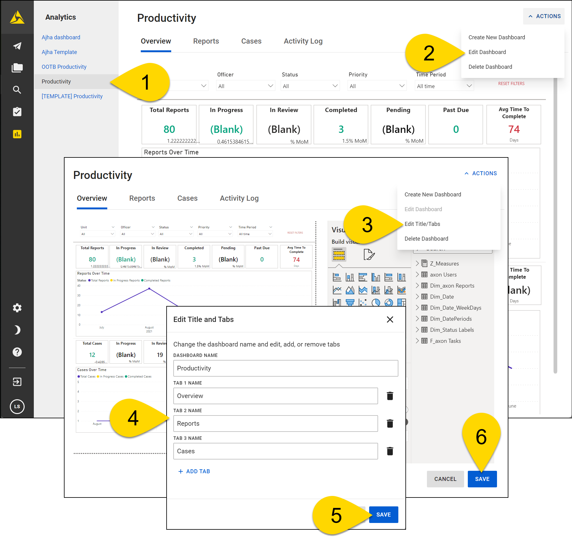 Shows how to update the title and tab names of a dashboard.