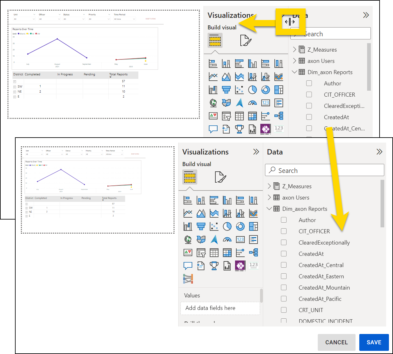 Shows how to expand the panes on the right side of the screen for easier viewing.