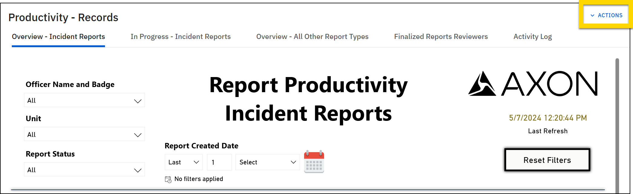 Actions menu expanded with Export Dashboard option highlighted. Dialog box with Select which dashboards to include in the export and Select an export format.