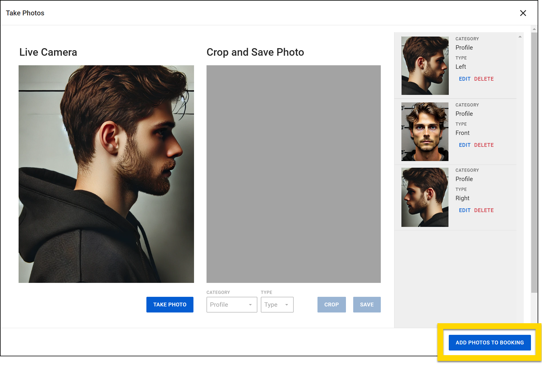 The image displays the Take Photos screen with sections for Live Camera and Crop and Save Photo, currently blank. Three thumbnails of saved photos appear on the right. An Add photos to Booking button is highlighted in yellow at the bottom of the screen.