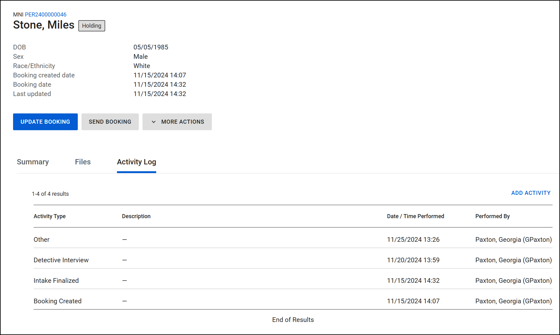 Screenshot of an inmates profile in the Booking module.The activity log tab is open and shows a list of activities added to this profile.