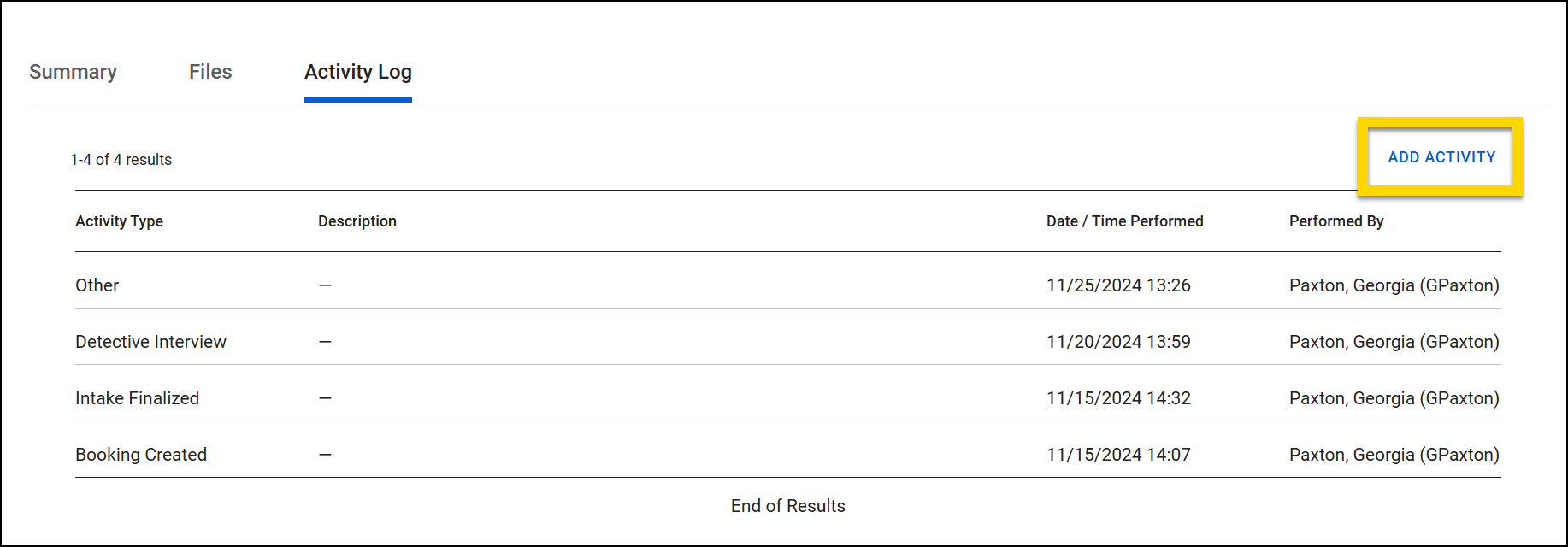 Screenshot of an inmate activity log. The Add Activity button on the right side is highlighted.