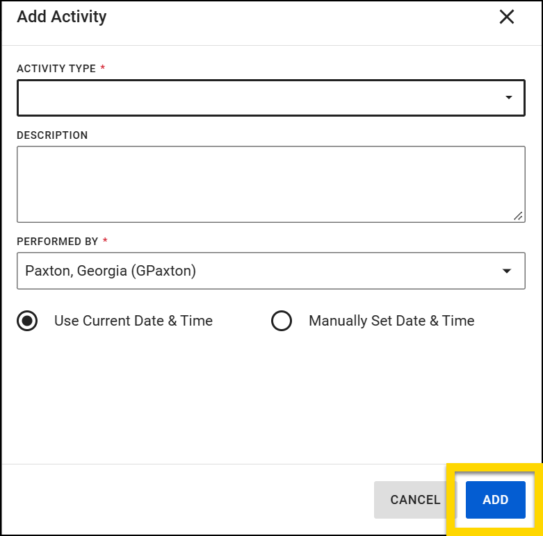Screenshot of the add activity panel showing the field described above. The add button at the bottom of the panel is highlighted.