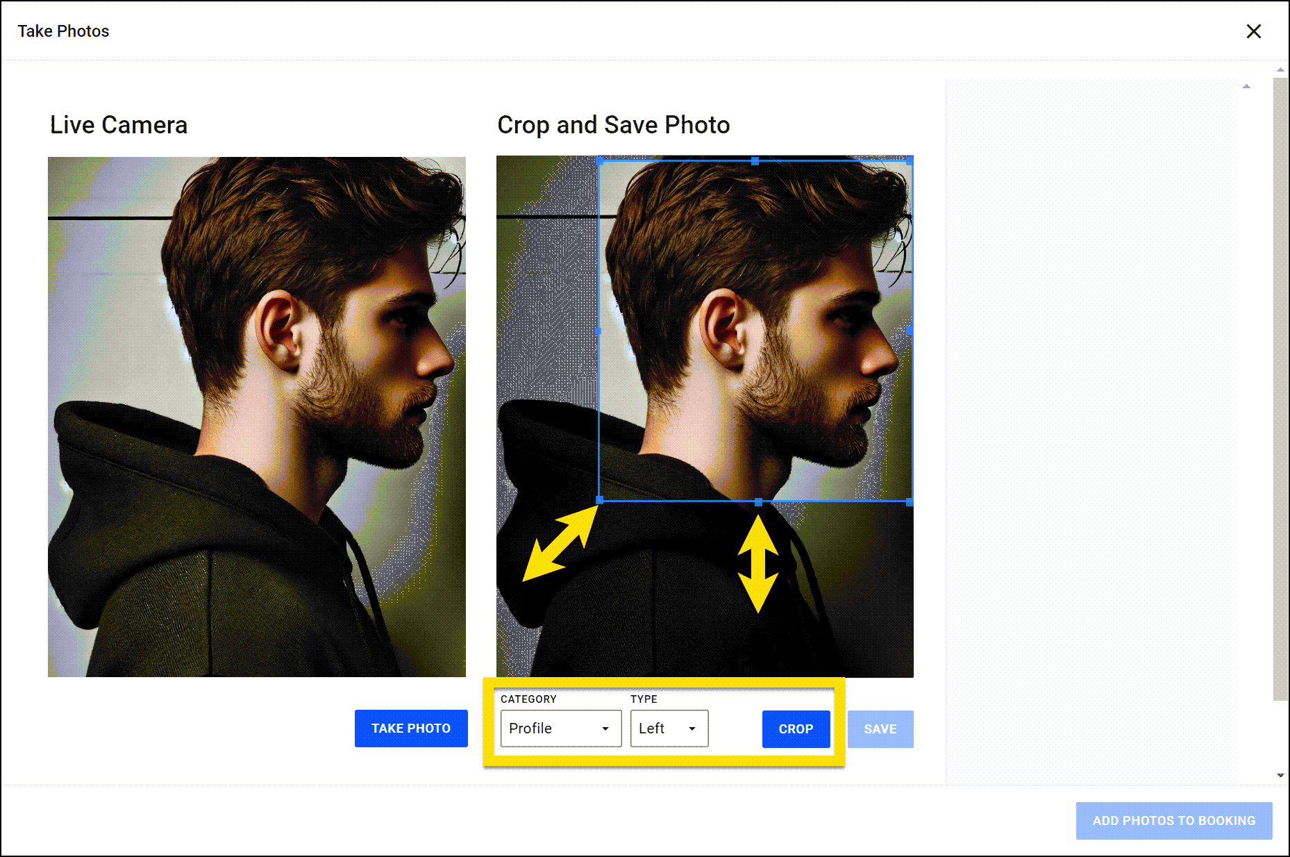 The image displays the Take Photos screen with two sections: Live Camera on the left, showing a side-profile image of an individual, and Crop and Save Photo section on the right, where the image is being cropped. Adjustable crop handles with arrows are visible around the image. Below, options for Category and Type, and a Crop button are highlighted in yellow.