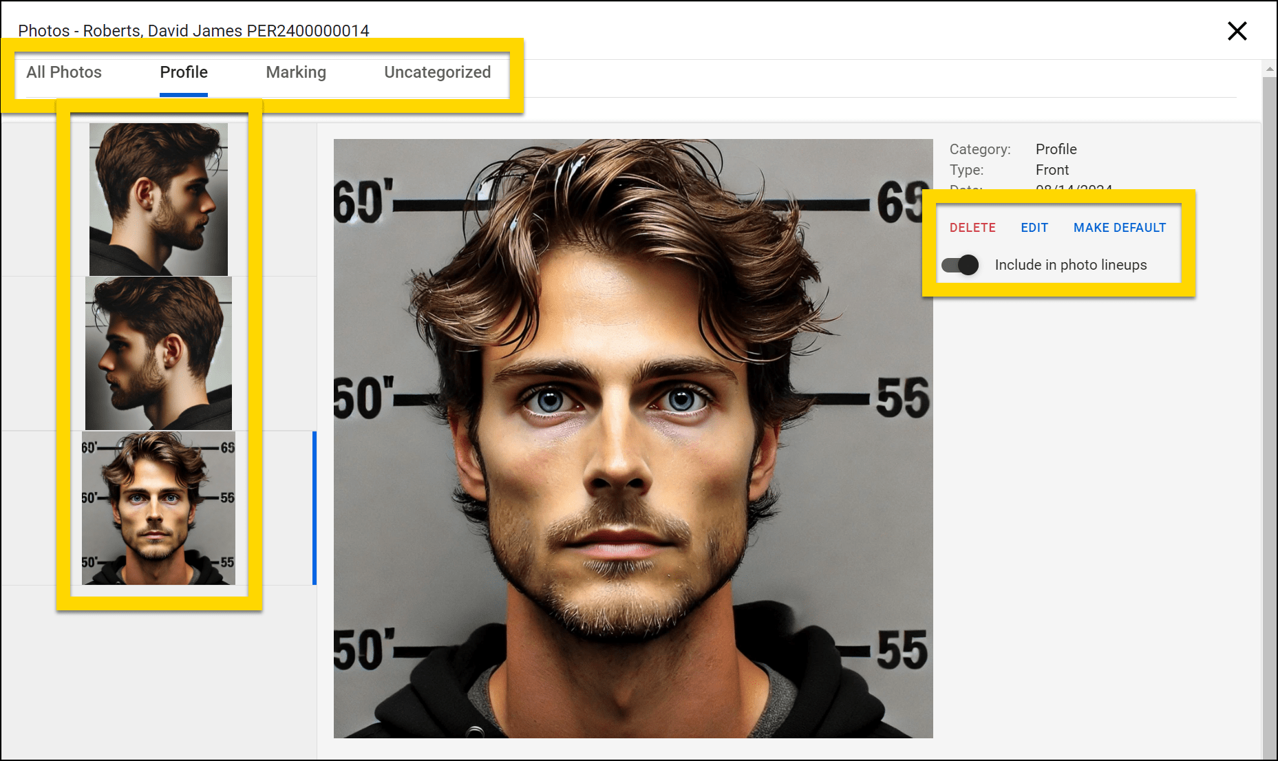 The image displays the Photos screen with tabs highlighted in yellow for All Photos, Profile, Marking, and Uncategorized. A sidebar on the left shows a series of profile photos, also highlighted in yellow. The main section displays a large front-facing photo of an individual with details on the right, including options to Delete, Edit, and Make Default, as well as a toggle to include the photo in lineups.