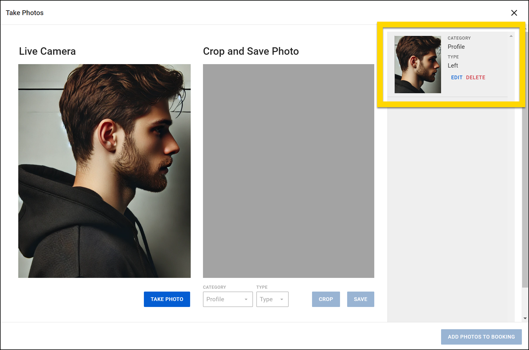 The image displays the Take Photos screen with sections for Live Camera and Crop and Save Photo, currently blank. A thumbnail of a saved photo appears on the right, highlighted in yellow. The thumbnail shows details such as Category and Type, along with options to Edit or Delete the photo.