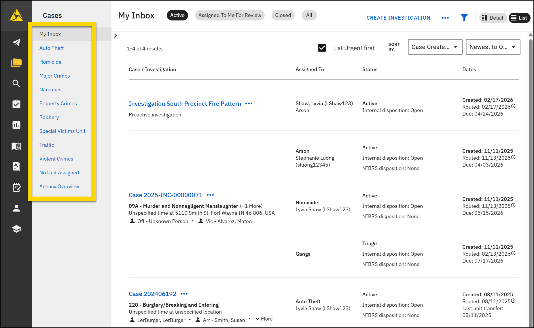 Shows the list of case inboxes in the Case Management module.