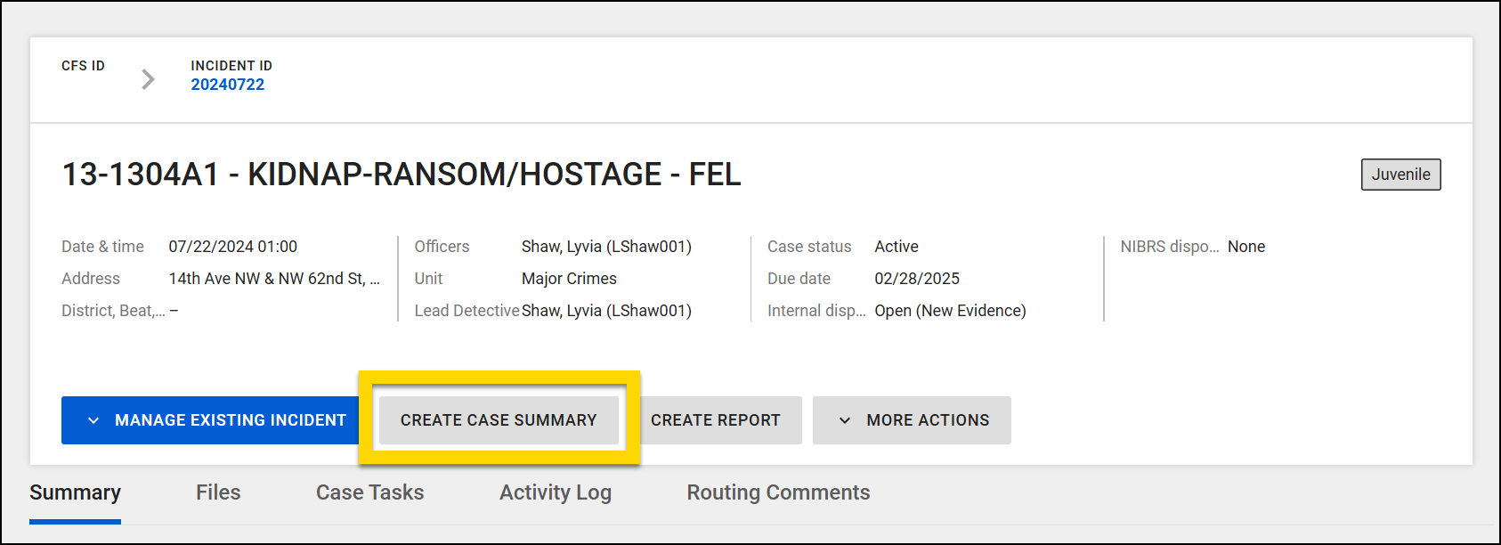 The screenshot shows a case profile. The top section includes details about the case, including date, time, officers, and disposition. Below, action buttons include Manage Existing Incident, Create Case Summary (highlighted in yellow), Create Report, and More Actions.