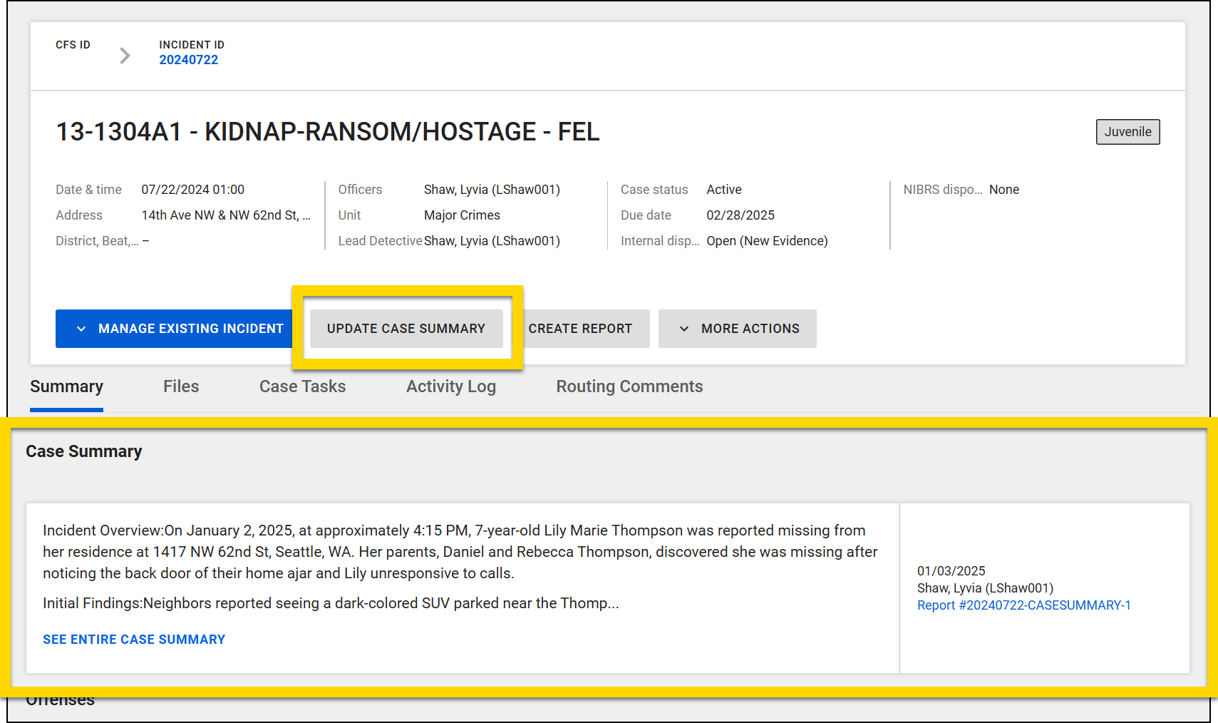 The screenshot shows a case profile. The top section includes details about the case, including date, time, officers, and disposition. Below, action buttons include Manage Existing Incident, Update Case Summary (highlighted in yellow), Create Report, and More Actions. Below the header, there are several tabs. The Summary tab is shown with a Case Summary section highlighted in yellow. An excerpt of the summary is shown with a button to See Entire Case Summary beneath it.