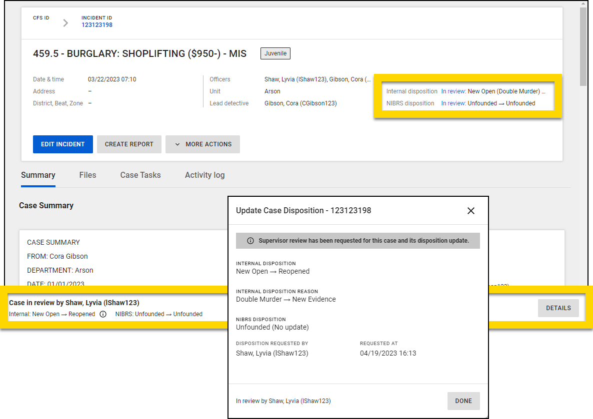 Shows how to see the status of a case review.