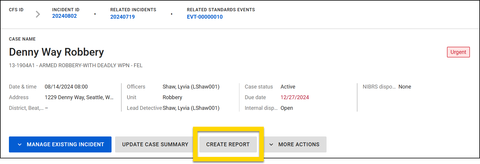 The image shows a case profile with details such as the incident ID, related incidents, officers assigned, case status, and due date. The interface includes options for managing the incident, updating the case summary, and creating reports. A yellow highlight emphasizes the Create Report button in the lower section of the interface.