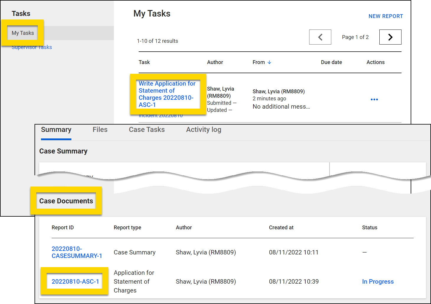 Shows how to re-open and continue eding a case document.