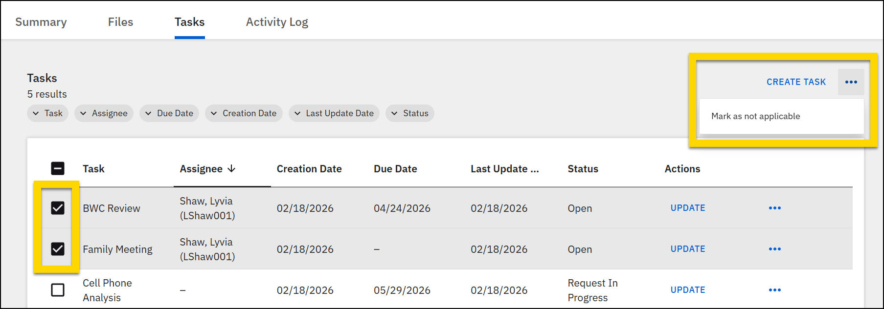 The image shows the Case Tasks tab displaying a list of tasks with details such as assignee, creation date, due date, and status. Two tasks are selected, indicated by checkboxes highlighted in yellow. The Create Case Task button in the top right is also highlighted, along with a dropdown option labeled Mark as not applicable.