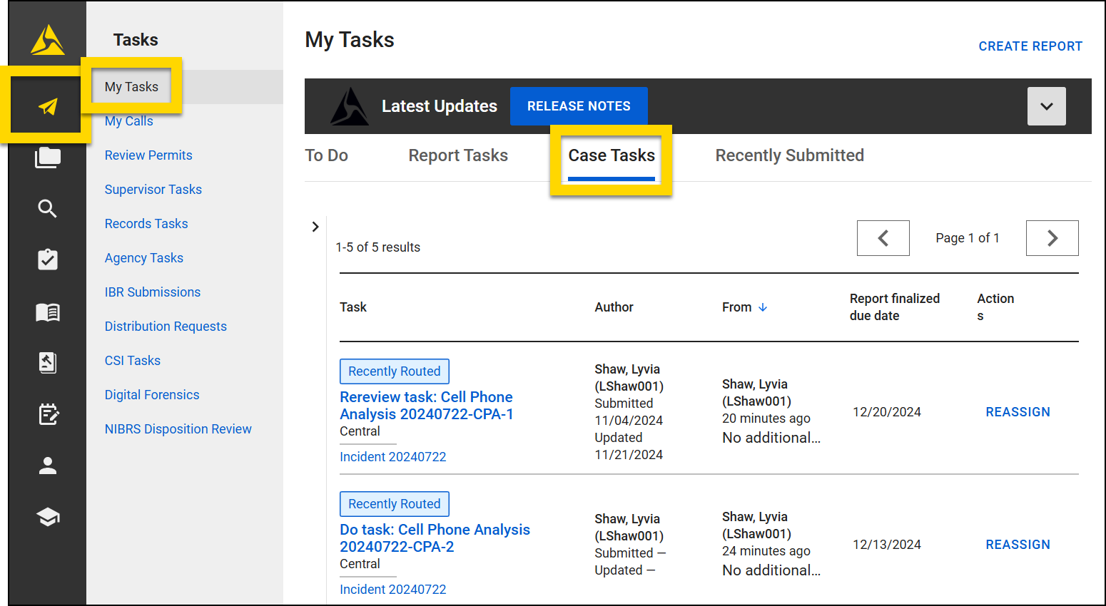The image shows the My Tasks inbox in the Tasks module, with the Case Tasks tab selected. A list of tasks is displayed, including details such as task name, author, source, and report finalized due date. Actions like reassign are available for each task.