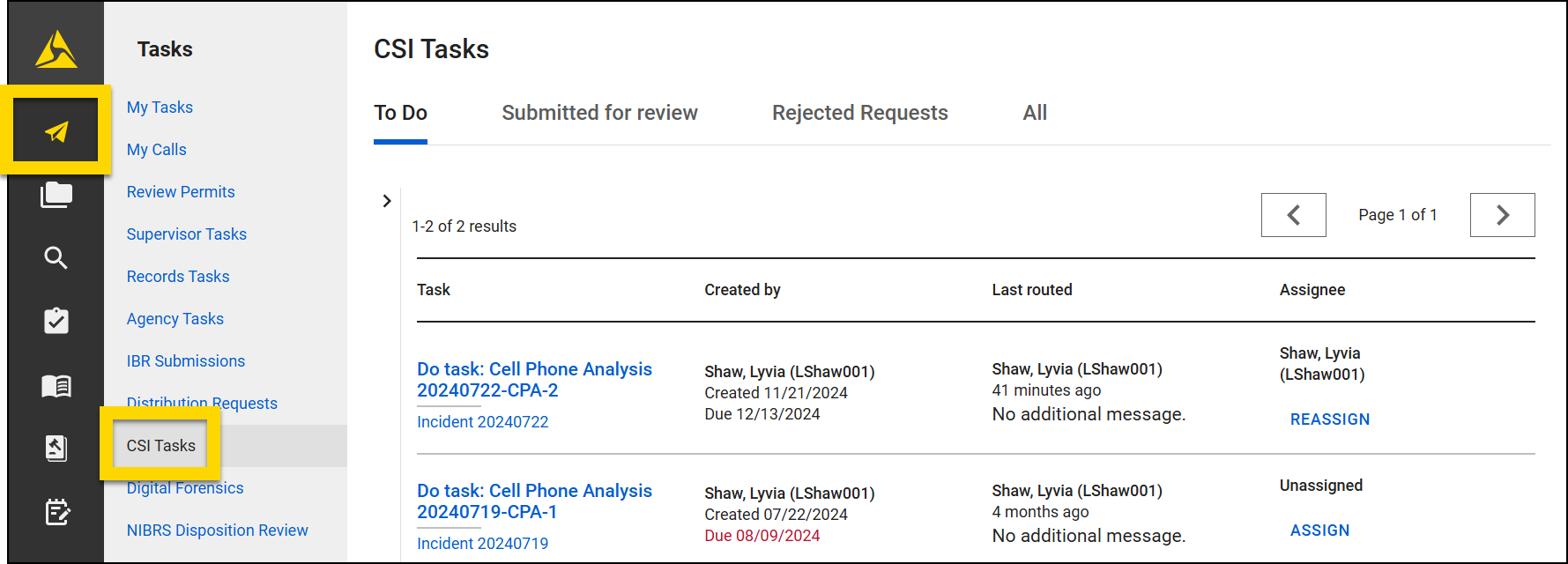 The image displays the CSI Tasks inbox in the Tasks module. A list of two tasks is shown, including details such as task name, creator, due date, last routed, and assignee. Actions like reassign or assign are available for each task. Tabs at the top allow switching between To Do, Submitted for Review, Rejected Requests, and All tasks.