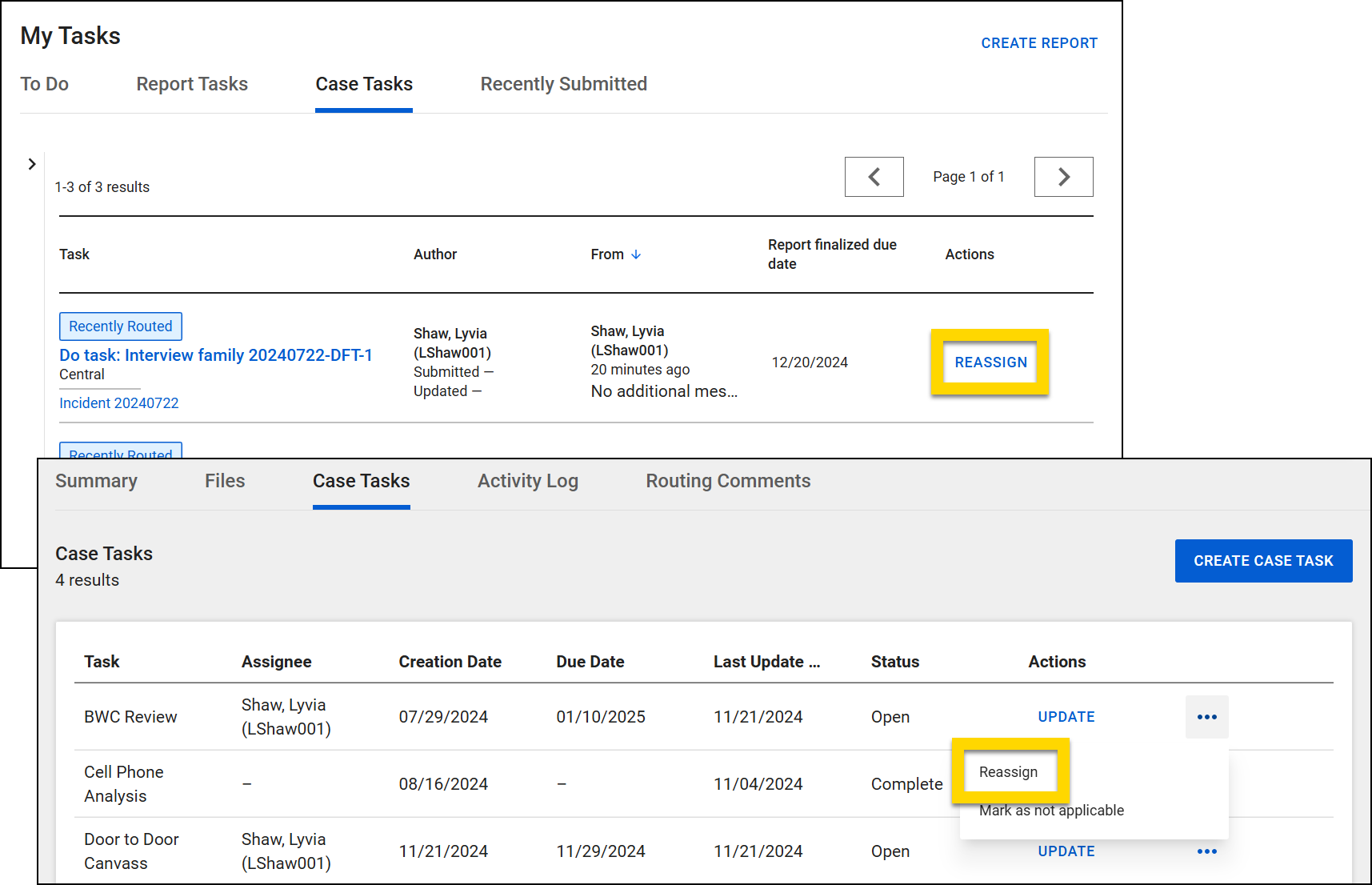 The image displays two layered screenshots. The top screenshot shows the My Tasks inbox. The Reassign option for the first task in the inbox is highlighted in yellow. The bottom screenshot, under the Case Tasks tab, lists multiple tasks with columns for task name, assignee, creation date, due date, last update, and status. The actions column includes a highlighted Reassign option.